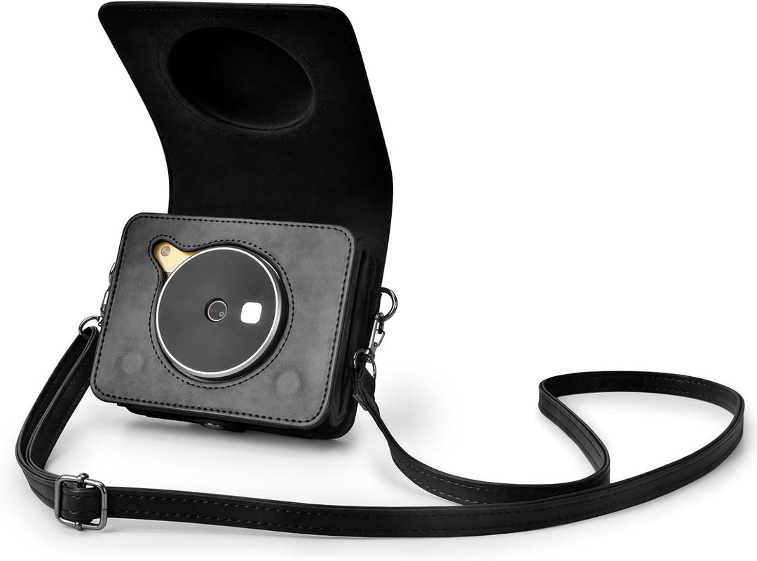 Rieibi Mini Shot 3 Retro Case, PU Leather Protective Case for previous version of Kodak Mini Shot 3 Retro C300R 2-in-1 Camera/Portable Instant Printer with Shoulder Strap - Black(Camera not included)
