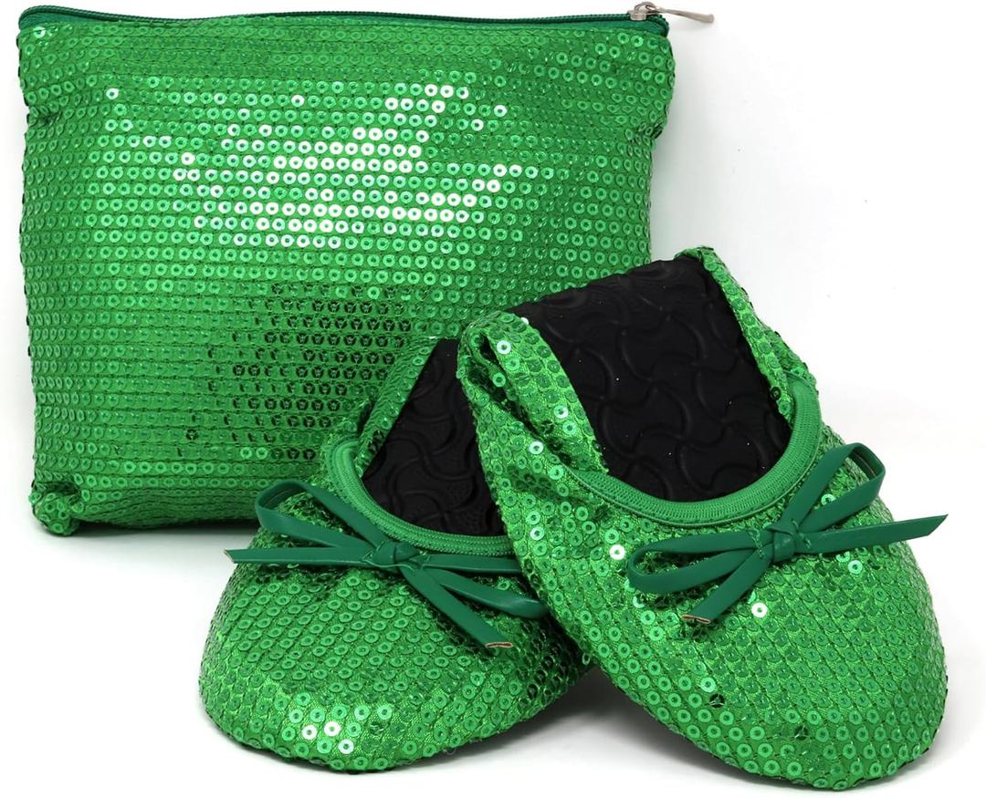 Silky Toes Women's Foldable Sequin Shoes Dressy Ballet Flats Roll Up Slipper Shoe with Matching Carrying Pouch (Medium, Kelly Green)