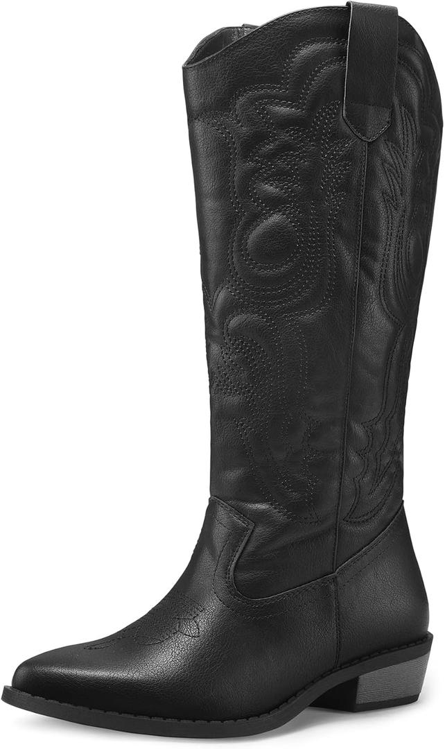 Mysoft Women's Cowboy Boots Mid Calf Western Embroidered Pointed Toe Chunky Heel Pull On Cowgirl Boots Fit Medium Wide Width (9.5, Black)