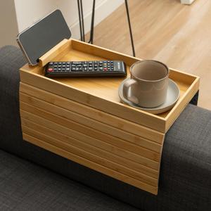 Bamboo Sofa Arm Tray  Foldable Couch Arm Table for Drinks, Snacks, Phone  Portable Armrest Tray for Sofa, Recliner or Chair  No Assembly Required