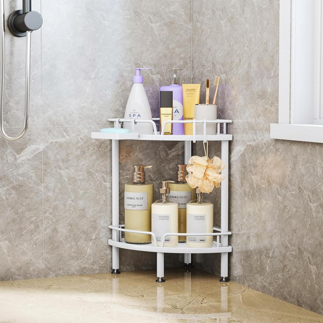Consumest Corner Shower Caddy Stand - 2 Tier Shower Organizer with Soap Holder, Tall Floor Corner Shelf Standing with Adjustable Feet & 4 Hooks, Storage Rack for Bathroom White Consumest Corner Shower Caddy Stand - 2 Tier Shower Organizer with Soap Holder, Tall Floor Corner Shelf Standing with Adjustable Feet & 4 Hooks, Storage Rack for Bathroom White