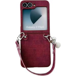 Case for Samsung Galaxy Z Flip 6 with Handle Wrist Strap, Faux Leather Classic Crocodile Pattern, Slim Fit Exquisite Fashionable Decoration for Women Girls (Red, Flip 6)