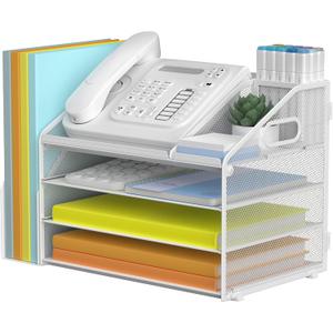 DocNest 4 Tier Paper Letter Tray File Organizer, Mesh Desk File with Handle, Workspace Desk Organizers with Pen Holder, Office Organization Storage Accessories , White (15.4" x 9.1" x 10.3")
