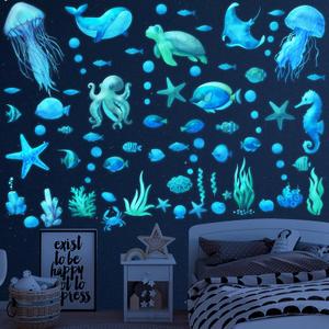Ocean Fish Wall Decals,Glow in The Dark Under The Sea Wall Decals Sea Life Animals Wall Stickers Removable Waterproof Peel and Stick for Boys Kids Bathroom Watercolor Ocean Creatures Decor(Upgrade) (Sky Blue)
