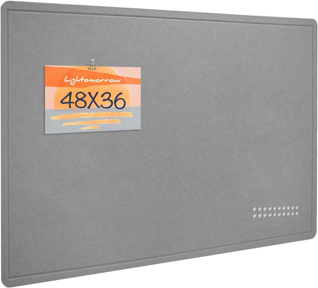 Lightomorrow Large Bulletin Board - 48 x 36 Inches, Decorative Felt Pin Board for Wall - 4' x 3' Foldable Photo Display Board with Self-Adhesive Tape, Includes 20 Push Pins - Gray, 4836 inches