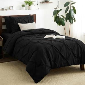 CozyLux Twin Comforter Set with Sheets Black, 5 Pieces Pintuck Bed in A Bag, Twin Bed Set Gift for Family, Pinch Pleat Bedding Set with Comforter, Sheets, Pillowcase & Sham