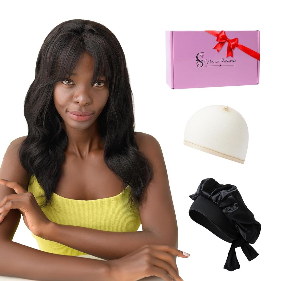 100% Human Virgin Hair Wig w/Bangs, NEW 18 inch Body Wave, 180% Density in Natural Black, 13x4 HD Lace Frontal Glueless, Incl. Travel Kit, Shower Cap, Wig Cap  Real Hair for Women