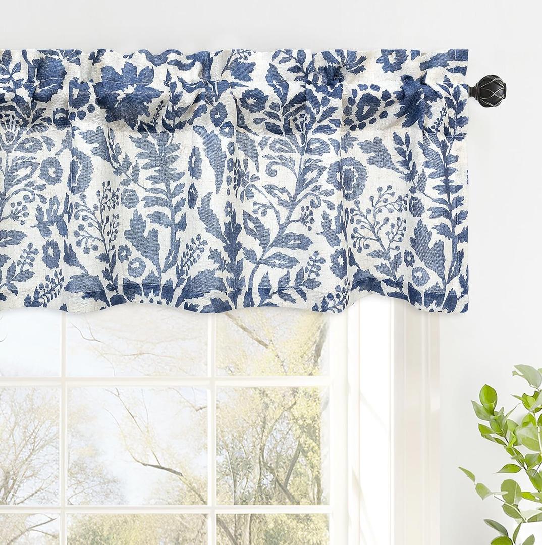 DriftAway Linen Textured Curtain Valances for Windows Bathroom Bedroom Living Room Kitchen Windows Basement Blinds Rod Pocket Semi Sheer 52"x14" Plus 1.75 Inches Header 1 Panel Julia Navy