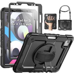 SEYMAC Case for iPad Air 5th/ 4th Generation 10.9 Inch, Full-Body Shockproof Protective Case with Screen Protector, Rotating Stand/Handle/Shoulder Strap/Pencil Holder for iPad Air 5/ Air 4, Black