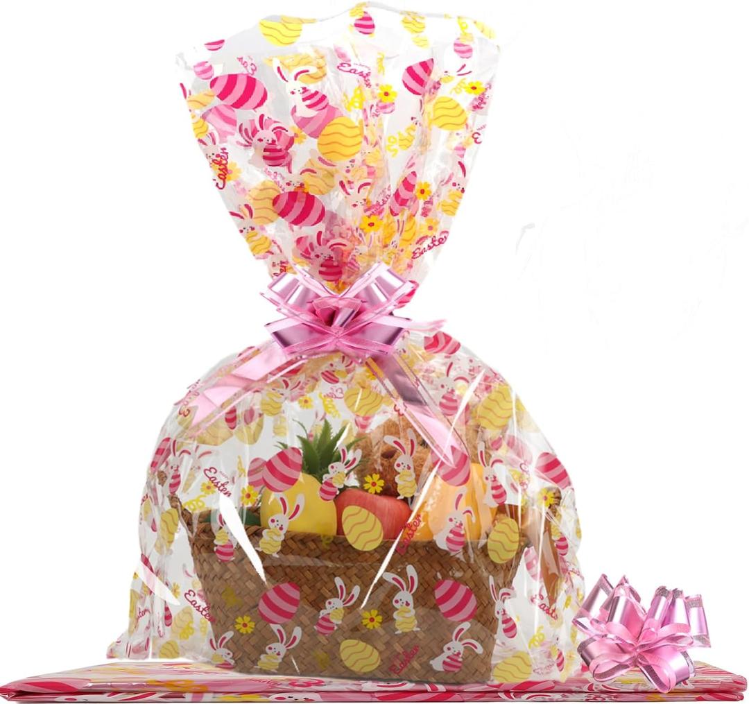 SUREHOME Cellophane Bags for Gift Baskets 24 x 30 Inch Large Clear Gift Bags for Easter Baskets Wrap, Set Of 10 Plastic Cello Bunny Treat Bag with Pull Bow Ribbon for Large Easter Basket