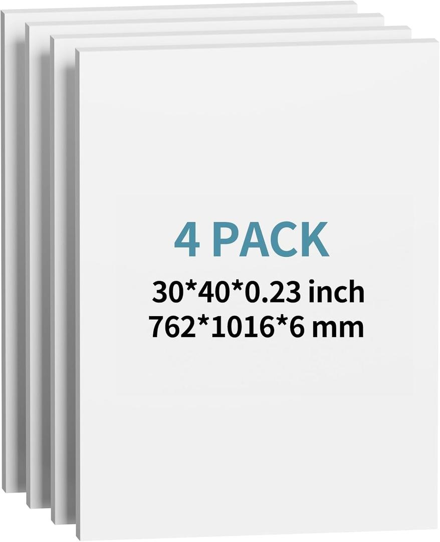 4 Pack Foam Board 30"x40", 0.23 Inch Thickness White Poster Board, Double-Sided Acid-Free Foam Core Board, Large Lightweight Polystyrene Mat Board for Painting, Display, Craft & School Projects