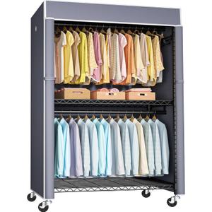 FUTASSI Black Clothing Rack with Grey Cover, P1C Plus Rolling Closets with Wheels, Metal Garment Rack for Hanging Clothes, Clothing Storage Wardrobe, 46" W x 18.5" D x 80.7" H, Load 524 Pounds