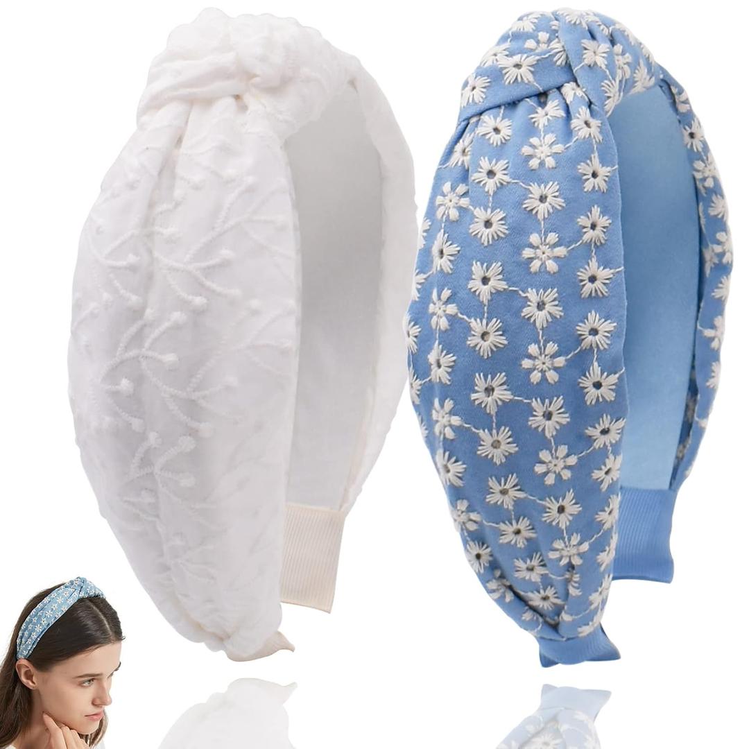 BEGOOD Headbands for Women Embroidery Knotted Headband White Hairband Fashion Top Knot Hairbands Designer Wide Head Band Girls Headbands Hair Accessories 2Pcs Vintage Floral