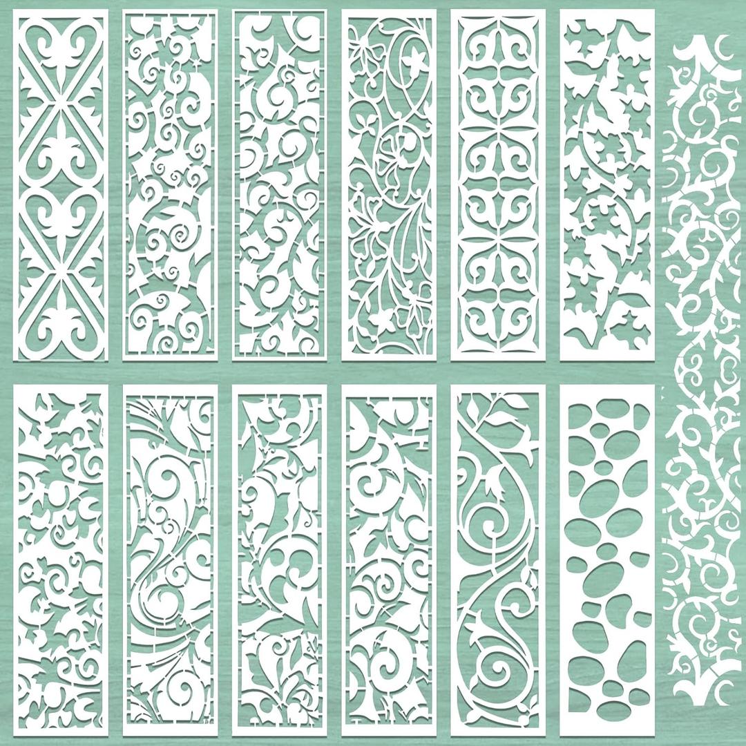 12 PCS Border Stencils for Painting, 11 x 3 Inch Leaf Texture Reusable Plastic Paint Templates for Painting on Wood Wall, Border Stencils for House Furniture Canvas Fabric DIY Art Cake Decor