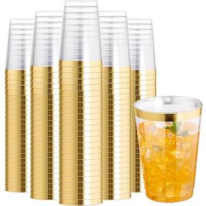 I00000 200 Pack 12 oz Gold Plastic Cups, Clear Disposable Cups, Disposable Plastic Glasses Cocktail Glasses Premium Cups with Gold Rim, 12 Ounce Tumblers for Party & Wedding