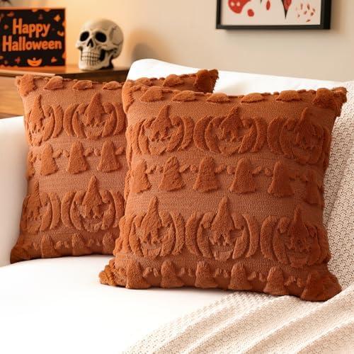 Pack of 3 Artscope Halloween Pillow Covers 16 x 16 Set of 2 Decorative Ghost Holiday Pumpkin Throw Pillow Cases Soft Plush Faux Fur Couch Cushion Case for Farmhouse Halloween Sofa Bed Room Home Decor-Rust