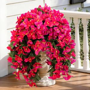 Artificial Bougainvillea Hanging Flowers Plants - 2 PCS faux Bougainvillea flowers with Long Trailing Vines for Outdoor Decoration, Perfect for Porch, Urn Patio Balcony (Rose Red & Red Lotus Mix)