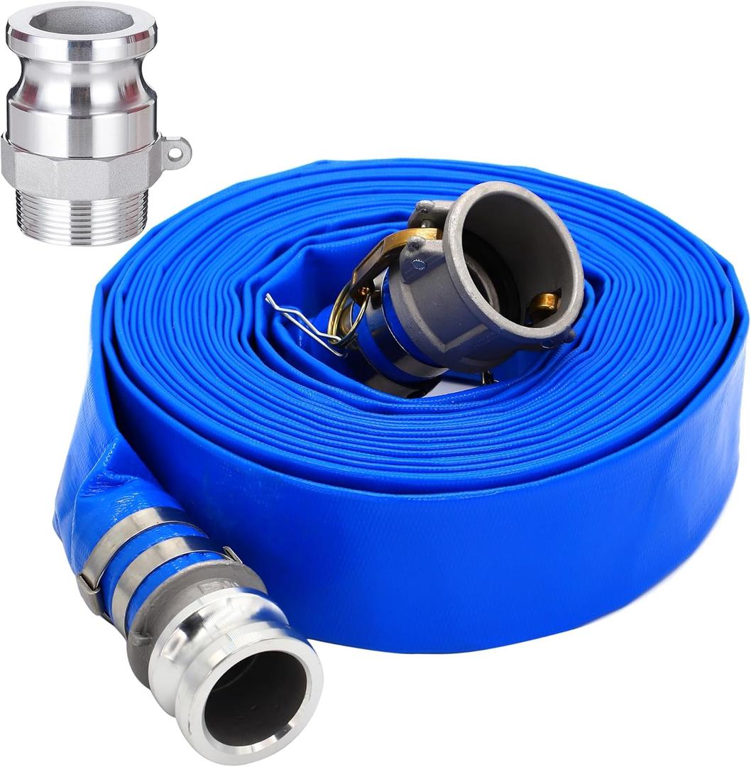 2" ID x 100 ft PVC Lay Flat Discharge Hose with Aluminum Camlock C and E Fittings, Cam Lock Fitting Type F included, Heavy Duty Reinforced Blue Backwash Pump Hoses for Swimming Drain Pools