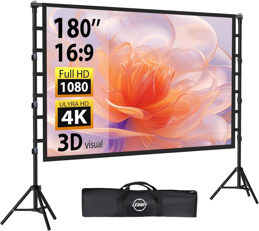 Outdoor Projector Screen with Stand: LEORFI 180-inch Projector Screen Portable, Indoor Projection Screen and Stand, Rear/Front Movie Screen 16:9 4K Full HD, Support Height Adjustable for Home Theater