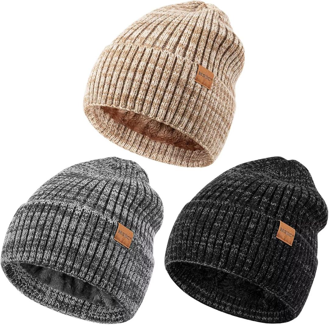 MSDC 3 Pack Winter Hats for Men, Warm Fleece Lined Beanie for Men Women, Fashionable Knit Hat Skull Cap for Cold Weather (Mix Black+mix Beige+mix Gray)
