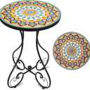 VCUTEKA Mosaic Outdoor Side Table, Round Rustproof Patio Table with 14" Ceramic Tile Top, Indoor Porch Accent Table for Yard, Garden, Living Room, Bistro Balcony, Round, 14-inch Diameter