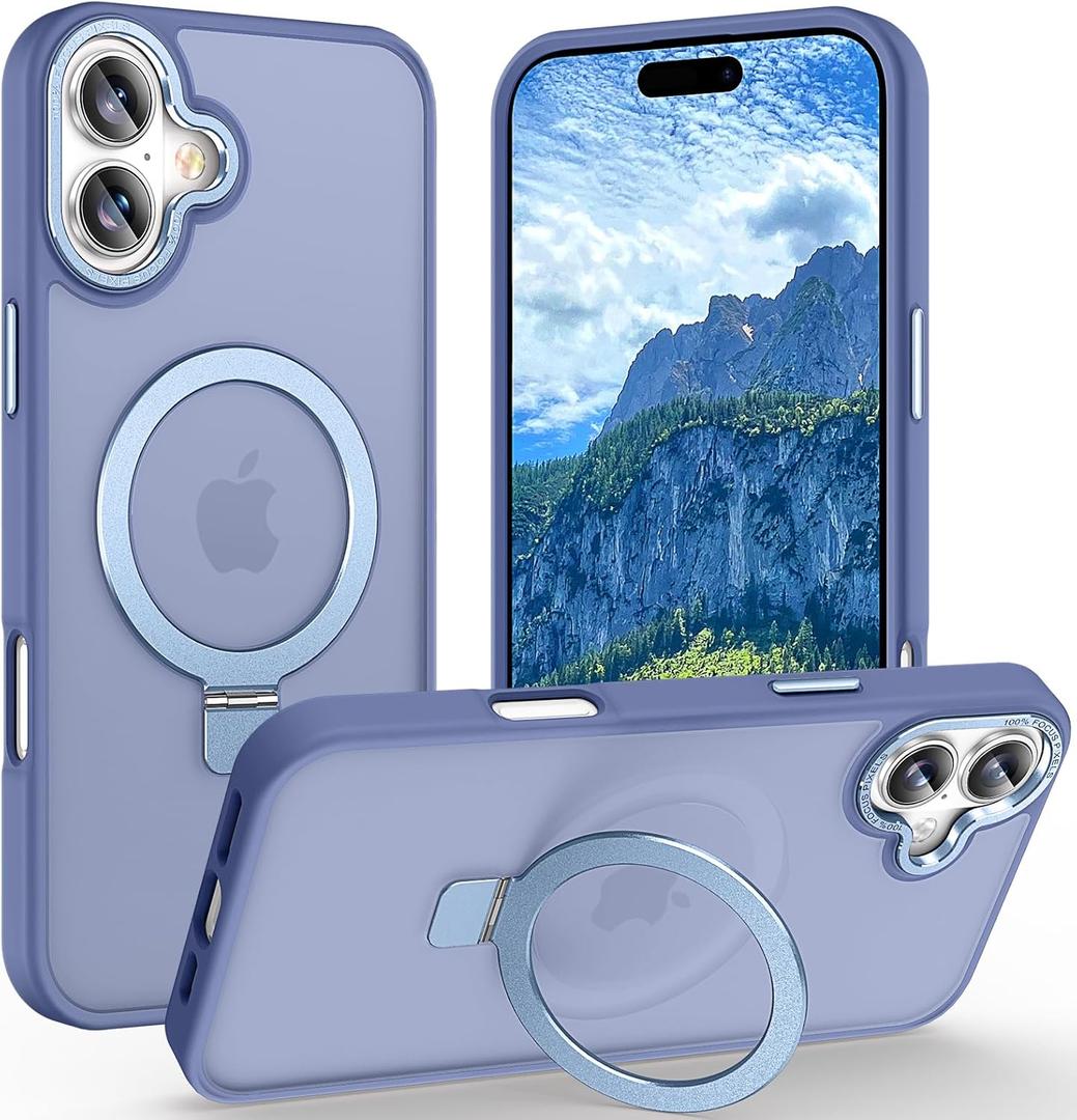 Lufanbis Magnetic for iPhone 16 Plus Case with Ring Stand, [10 FT Drop Protection] [Velvety Touch] Slim Translucent Matte Back Shockproof Phone Case for iPhone 16 Plus 6.7'', Sierra Blue