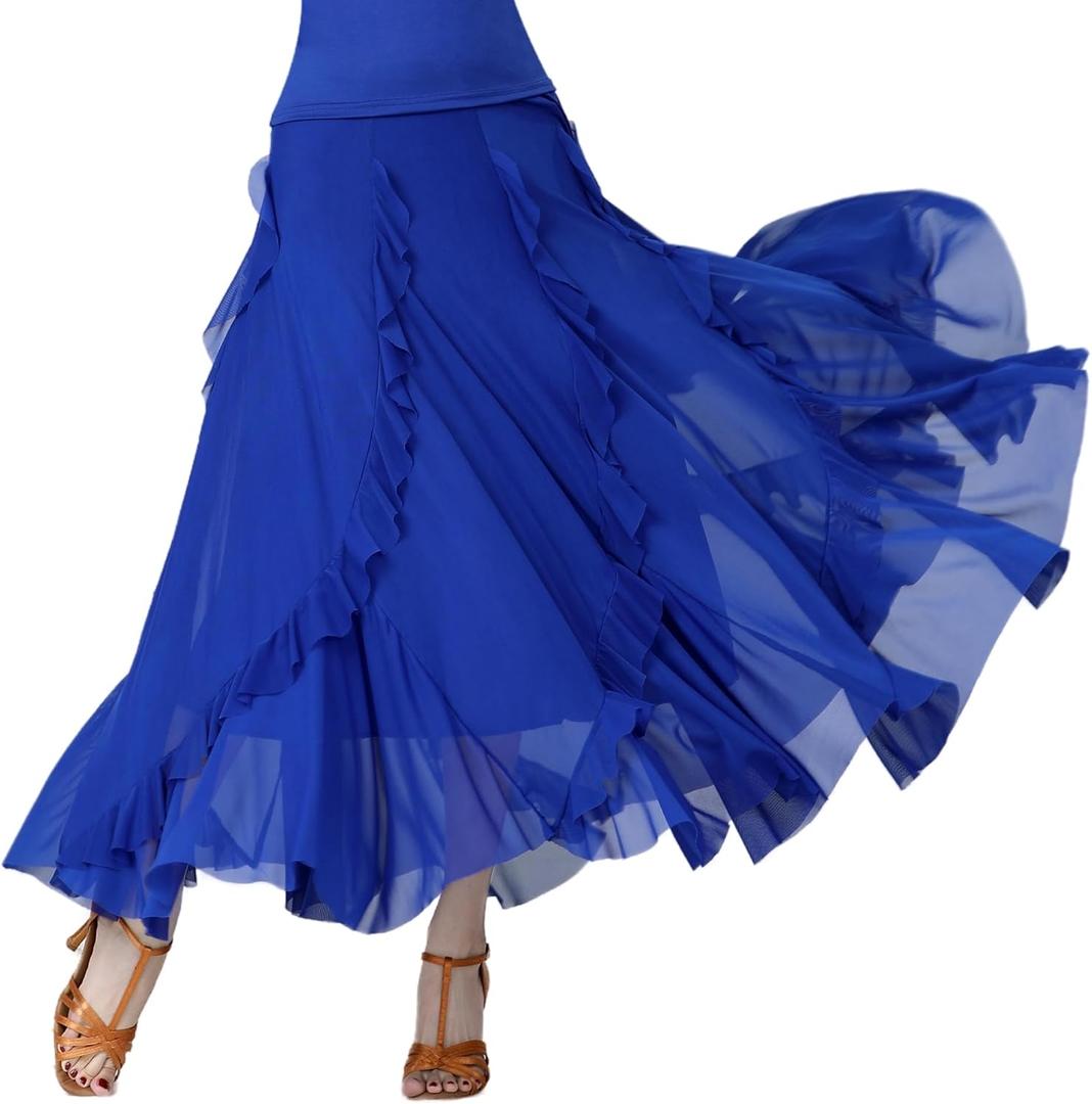 CISMARK Mesh Elegant Ballroom Latin Dance Party Long Swing Belly Dance Skirt for Women (XL)