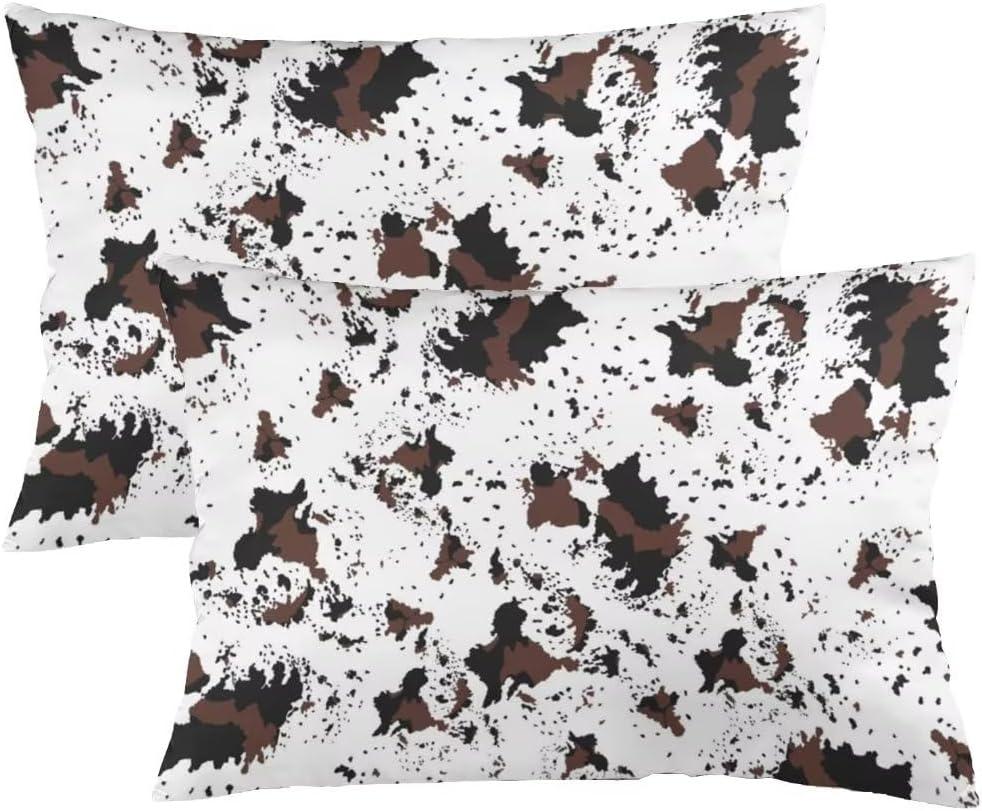 Cow Print Throw Pillow Cover Queen Size Set of 2 Western Cow White Brown Cowhide Printed Lumbar Pillow Case Decorative Soft Standard Pillow Cases with Zipper Cushion Covers for Bed, Sofa, Couch, 20"x30"
