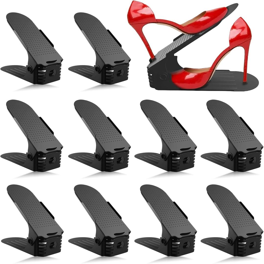 QINGUANG 20 Pack Shoe Slots Organizer, 4 Height Adjustable Shoe Stacker Space Saver, Double Layer Shoe Rack Holder for Closet, Storage Organization for A Pair of Shoes (Black)