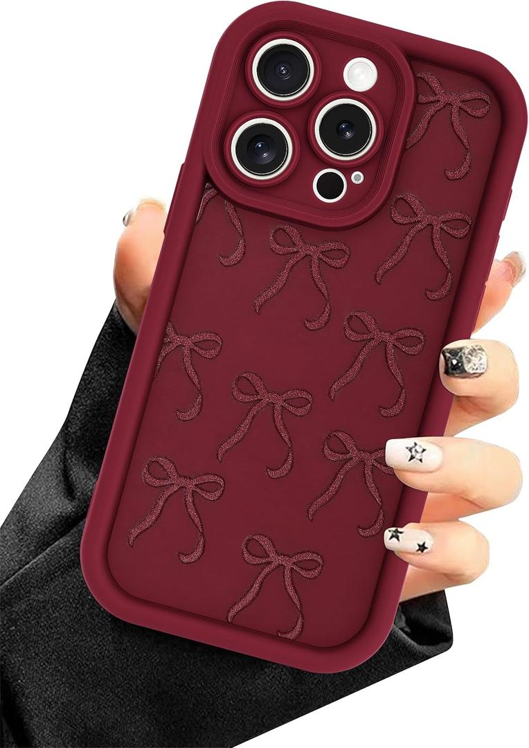 Burgundy Red Phone Case for iPhone 14 Pro Max, Cute Aesthetic Red Bow Design Case, Soft Silicone Slim Shockproof Protective Phone Cover for Women Girls - Maroon