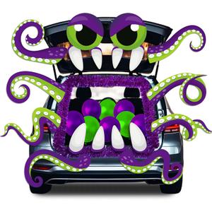 Cinrobiye Halloween Trunk or Treat Car Decorations Kit for Suv,Purple Octopus with Tentacles Entryway Archway Car Banner,Garage Door Border Frame Haunted House Outdoor Supplies Decor with Balloons