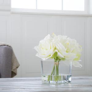 Lilies Floral Centerpiece - Five Cream-Colored Lily Blossoms in a Clear Glass Bowl with Fake Water - Artificial Flowers in Vase by Pure Garden (Cream) (8.5")