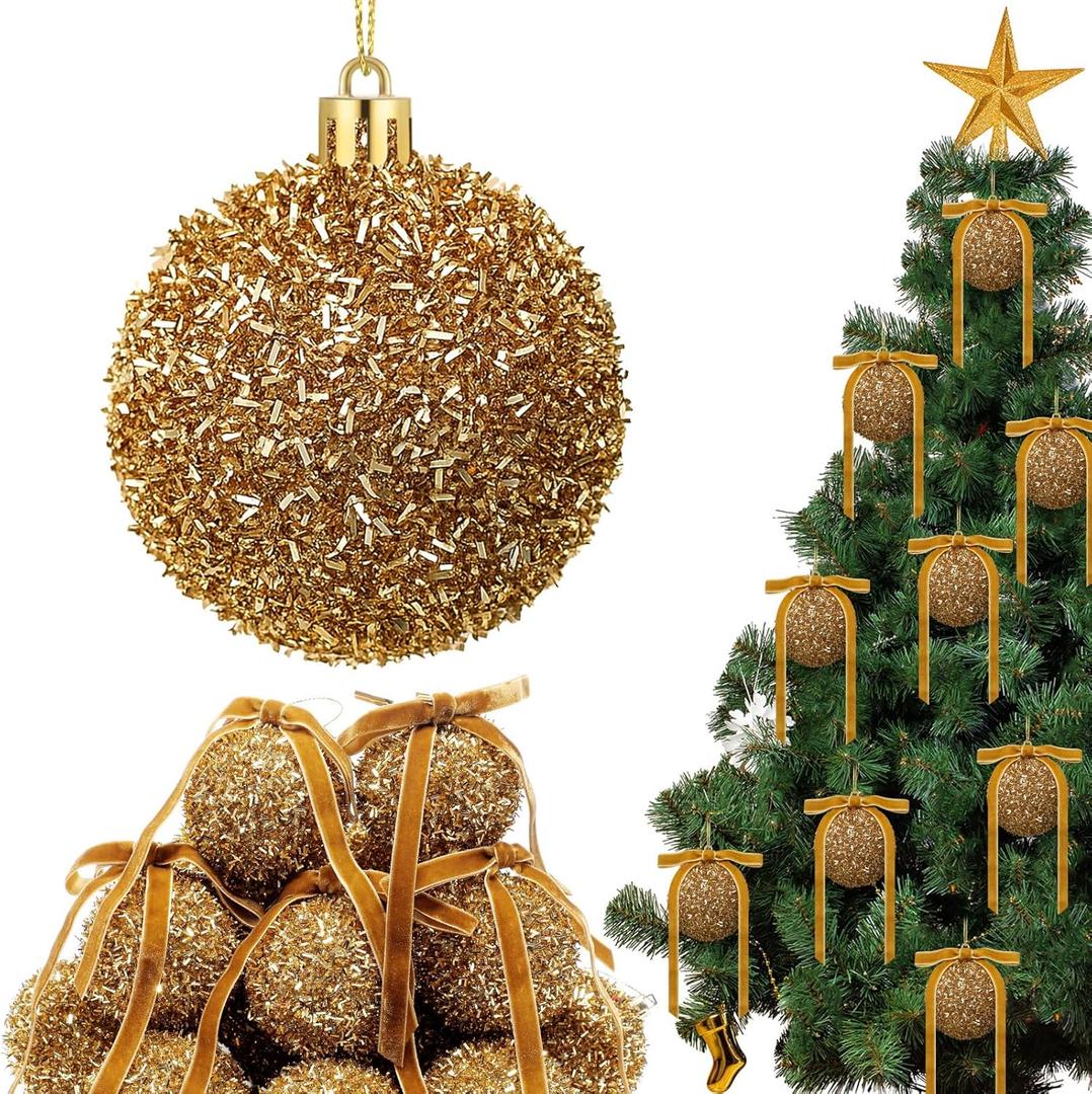 Wesiti 24 Sets 2.6 Inch Gold Glitter Christmas Ball Ornament Set 24 Sparkly Shatterproof Tinsel Ball Ornament with 24 Bow Sequin Hanging Xmas Tree Decoration Indoor Outdoor for Xmas Wedding Decor