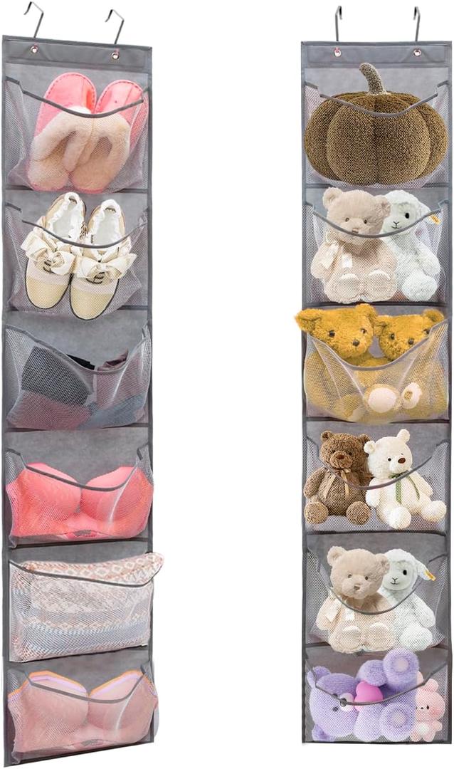 2 Pack Over the Door Shoe Organizer Hanging Stuffed Animals Storage Diaper Holder Clothes Shelve for Closet with 6 Large Pockets (Mesh Pockets - 2 Pack)