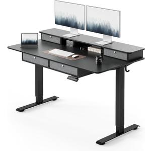 FEZIBO Sturdy Height Adjustable Electric Standing Desk with Drawers, 55 x 30 Inch Stand Up Table with Large Storage Shelf, Sit Stand Desk, Black Top FEZIBO Sturdy Height Adjustable Electric Standing Desk with Drawers, 55 x 30 Inch Stand Up Table with Large Storage Shelf, Sit Stand Desk, Black Top