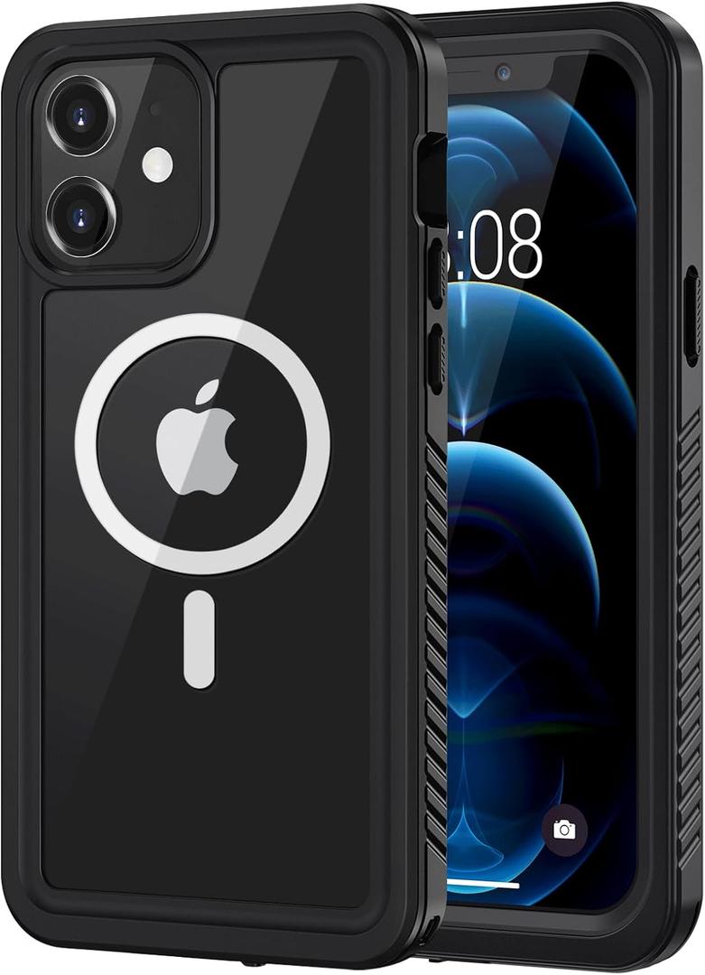 Lanhiem for iPhone 12 Magnetic Case, [Compatible with MagSafe] IP68 Waterproof Dustproof Case with Built-in Screen Protector, Full Body Shockproof Protective Phone Cover for iPhone 12 6.1 inch -Black