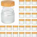 2oz Jars with Lids, Hoa Kinh 24 Pack Frosted Glass Jars with Woodgrain Lids Empty Cosmetic Containers Round Airtight Glass Jar with Inner Liners and Lid for Storing Lotions, Powders, and Ointments