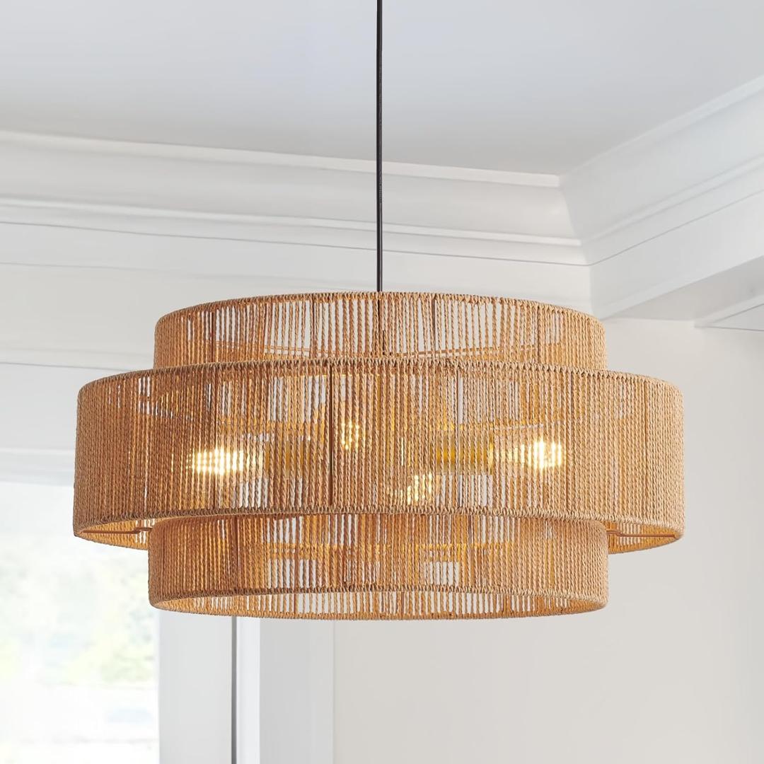 3-Tier Large Rattan Chandeliers, 23.6in Woven Boho Coastal Pendant Lights for Dining Room (Brown)