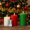 3 Pcs Flameless Candles Battery Operated Wax LED Flickering Flameless Pillar Candles with Remote for Halloween Christmas Home Wedding Autumn Decor(White,Red,Green)