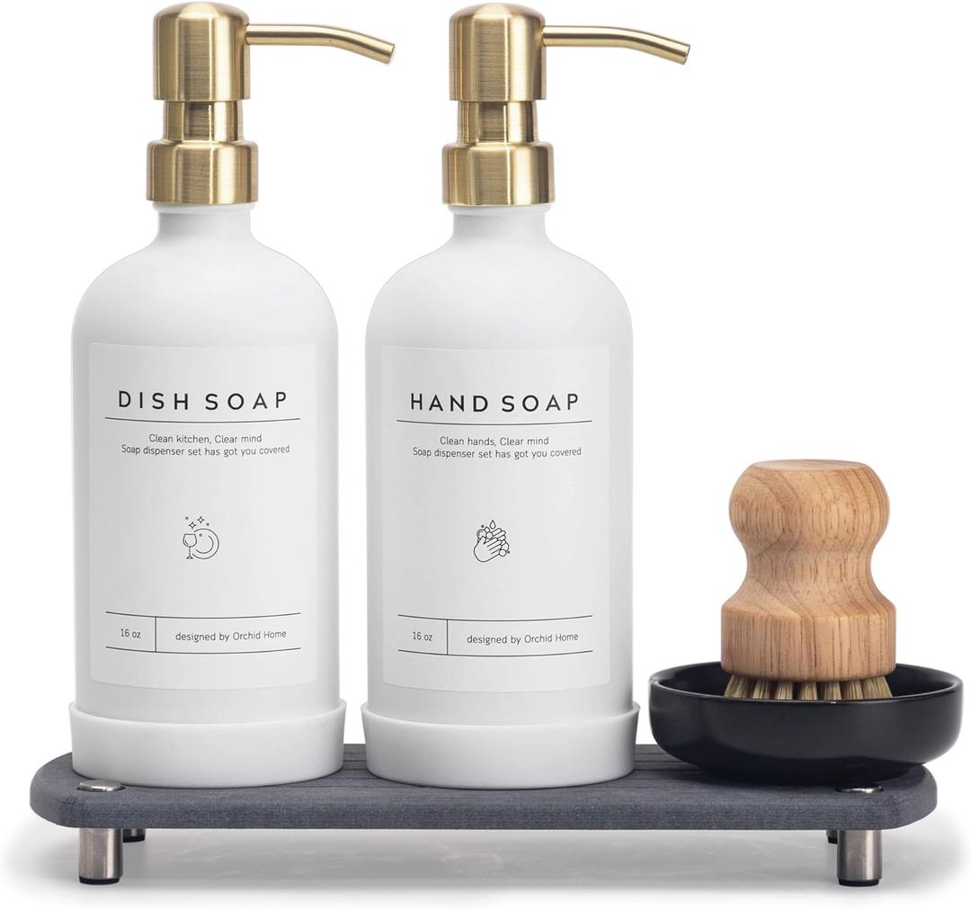 [Luxury] Kitchen Soap Dispenser Set - 16OZ White Glass Bottle, Stainless Steel Pump, Instant Dry Tray, Waterproof Labels, Non-Slip Silicone Pad, and Dish Brush | Upgrade for Your Kitchen and Bathroom (White Bottle + Gold Pump)