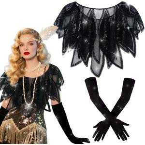 LaVenty Women's 1920s Sequin Beaded Flapper Cover Up Evening Wedding Party Bridal Gatsby Shawl (Black)