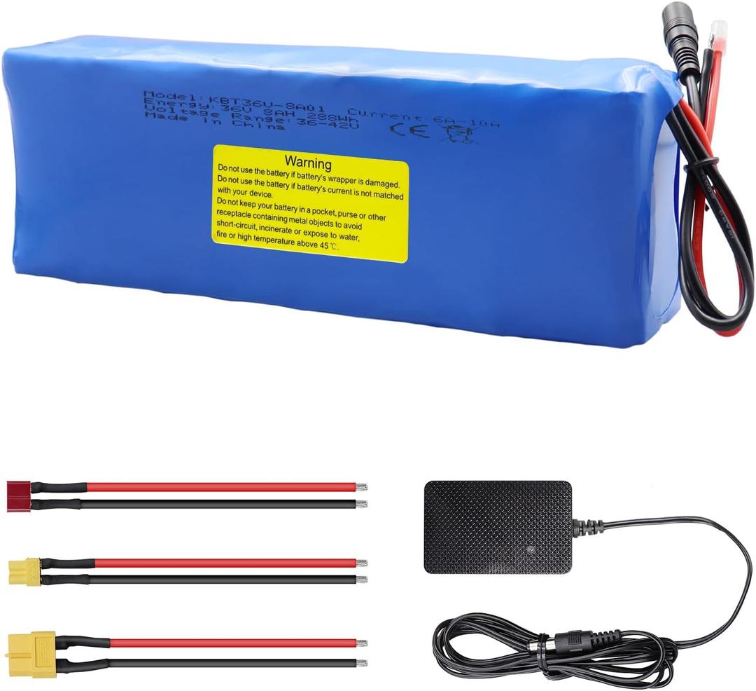 KBT 36V 8Ah Rechargeable Li-ion Battery with Charger, Charging Cable, Cable Connector, Build-in 10A BMS