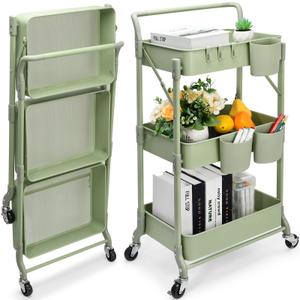 Foldable 3 Tier Rolling Cart, Metal Utility Cart, Folding Mobile MultiFunction Storage Trolley Organizer Cart for Home Library Office(Green), 44x30x89cm