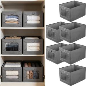 6 Pieces Oxford Cloth Storage Bins with Clear Window, Shelf Basket Closet Clothes Organizer Storage Containers for Organizing Shelves Wardrobe Office Clothing Books