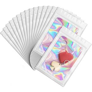 ANZNKU 100 Pack Mylar Bags Reasealable Holographic Bags, Smell Proof Bag Zipper Pouches with Clear Window, Jewelry Candy Sealable Bag for Packaging Sample Party Favor (White, 7.1 x 10.2 Inch)