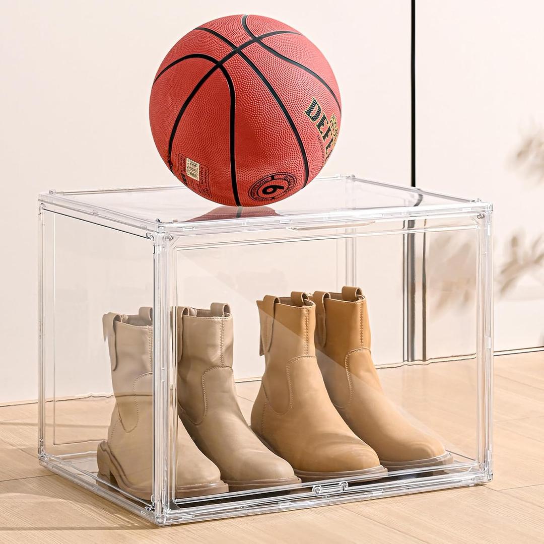 4 Pack XXX-Large Clear Display Case 17.7" x 13" x 13" Extra Large Display Organizer Box with Magnetic Door, Stackable Acrylic Storage Bin for Boots, Shoes, Collectibles, Bags, Figures