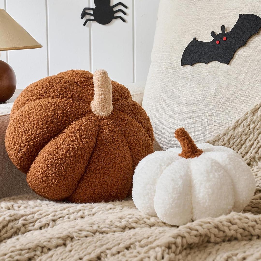2 PCS Fall Pumpkin Pillows Brown White Simulated Pumpkin Shaped Pillow Halloween Decoration Throw Pillows Fluffy Pumpkin Pillows Cushion Decor for Fall Thanksgiving Halloween Bedroom Sofa Couch
