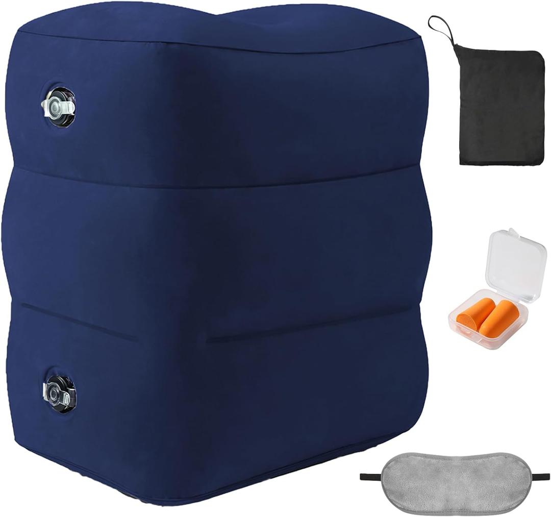 Inflatable Foot Rest Pillow for Travel - Adjustable Height Flight Foot Rest with Eye Mask and Earplugs for Kids & Adults on Airplane, Car, Train, Office, and Home (Blue, 1 PC)