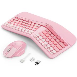 Ergonomic Wireless Keyboard Mouse, Mechanical Gaming Set with Wrist Rest & OTG & Brush Ideal for Windows PC, Home, Office and College Pink