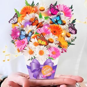 2 x Mini Birthday Cards, Birthday Gift Card with Music and Light, Flower Bouquet 3D Card with Butterflies for Mom, Women, Wife (Butterfly & Daisy)